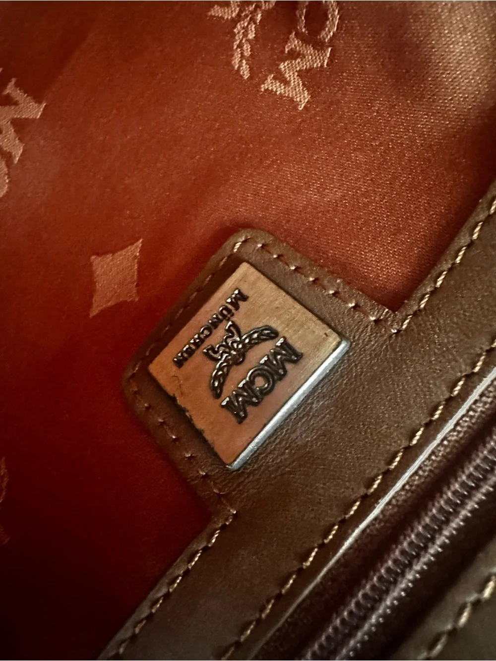MCM Visetos Cognac Logo Satchel with Brown Trim